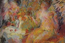 An abstract painting of a girl in a warm rainbow color palette, with a mirror image sitting beside her in a slightly cooler palette