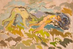 An abstract painting featuring two people tumbling in a landscape, done in predominantly shades of blue and olive green