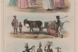 Three illustrations. The top one features five women in long dresses in front of a church; the second a woman and her child with a man and a donkey cart; the last five women in casual dress with their children and balancing objects on their heads.