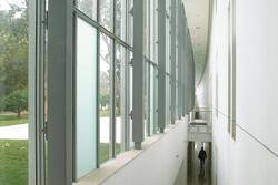 A white-paneled hallway with high ceilings and a wall of tall windows