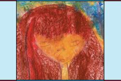 Illustration for "With All Your Heart" Weekly Prayer Book: Image drawn with crayon of woman with red hair, bordered by color blocking in blue and maroon