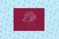 Collage of Illustrated Woman's Profile Over Pomegranate Wallpaper 