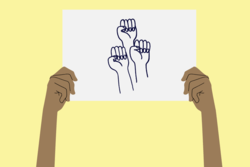Arms holding up a protest sign with 3 power fists on it on yellow background