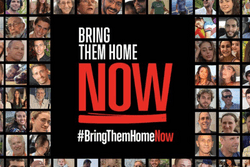 Bring Them Home Now with images of Israeli hostages