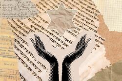 Collage of arms holding up a Jewish star on background of pages of Jewish text