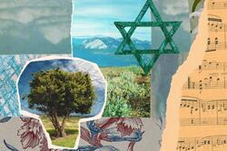 Collage of nature landscapes, sheet music, and a star of David