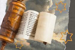 Collage of a torah scroll with the sky in the background