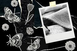 Collage of black and white butterflies and snapshot of prayer shawl