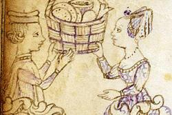 Drawing of male and female holding basket and looking at each other