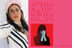 Photo of Daniela Gesundheit and her album cover, featuring a woman with her face in her hands and the words "Alphabet of Wrongdoing" in jumbled letters
