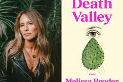 Headshot of woman with long dark blonde hair and book cover reading "Death Valley by Melissa Broder" in pink with image of eye on top of cactus