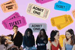 Collage of Jewish queer movie characters on pink background of movie tickets