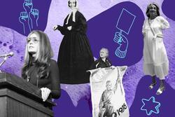 Collage of Gloria Steinem, Betty Friedan, Rebecca Gratz, and Emma Goldman on patterned purple background