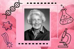 Collage of Gertrude Goldhaber on pink background