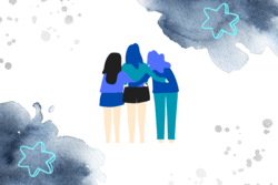 Collage of three women with their arms around each other on blue and white background