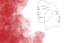 Line drawings of two faces on red and white watercolor wash background