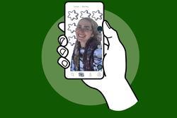 Collage of Miriam Ezagui over drawing of smartphone and hand on green background