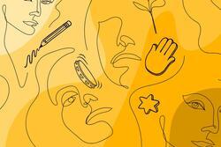 Outlined drawings of women's faces and hamsas on a yellow-orange background