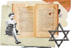 Collage of jewish text, a woman reading and a star of david