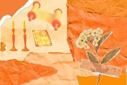 Collage of flowers and Jewish objects on a variety of orange torn papers