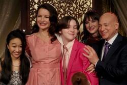 Still from bat mitzvah scene of And Just Like That...Includes Charlotte, her husband, children, and officiating rabbi