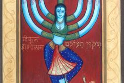 Painting by Siona Benjamin featuring a woman as the body of a menorah, with seven branches coming out as arms