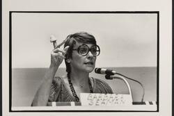 Barbara Seaman holding vaginal cap at Pre-1980 Women's March press conference