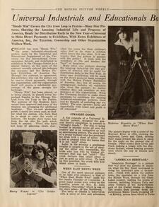 An article featuring a photo of Madeline Brandeis standing by a video camera, and a movie still of a man and woman in elaborate Victorian costume