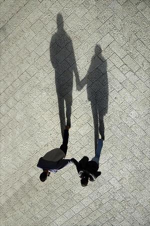 Couple and their shadows holding hands photo