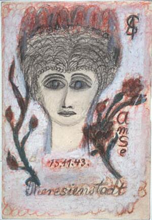 A grey sketch of a woman with her hair piled high on her head and a red crown. Two stems with red buds and flowers are on either side of her. Around the image are 15.11.43., Theresienstadt, and AMSE.