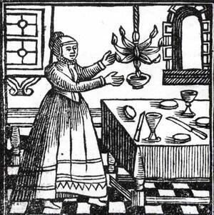 18th Century woodcut of a woman lighting Shabbat candles
