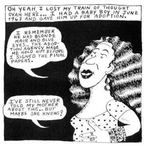 Black and white illustration of a woman with curly hair, wearing several rings and bracelets, accompanied by a caption and two speech bubbles
