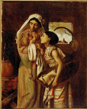This is the painting "The Mother of Moses" by Simeon Solomon. It depicts Jochebed, Miriam, and Moses. 