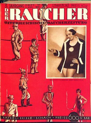 Red magazine cover with illustrations of people smoking, and an inset photo of Hedy Bienfeld wearing a swim cap, robe, and a swimsuit with a star of David emblem, holding a cigarette