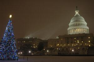 United States Capital, featuring Christmas tree in foreground.