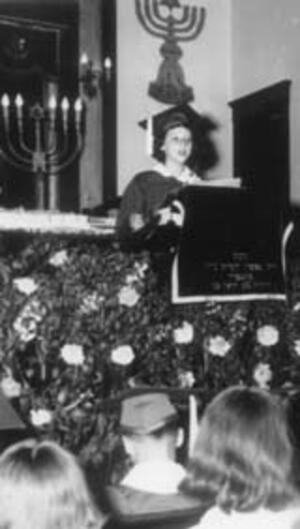 Elaine DeLott Giving Her Hebrew School Valedictory Address at Temple TiFereth, 1952