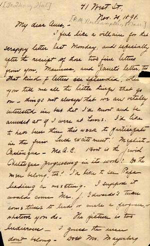 Letter from Gertrude Weil to her family, November 20, 1898, page 1