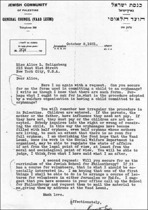 Letter from Henrietta Szold to Alice Seligsberg, October 8, 1931