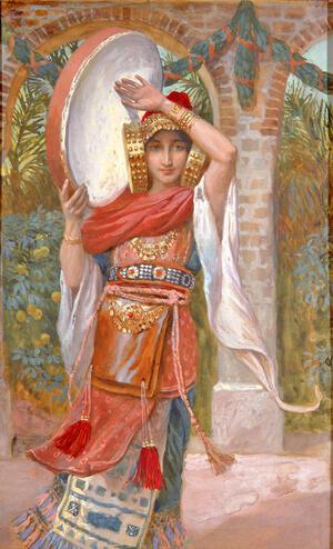 Jepthah's daughter stands holding a timbrel.