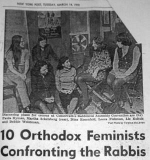 New York Post article about Ezrat Nashim; headline reads "10 Orthodox Feminists Confronting the Rabbis" and photo shows a group of women sitting and talking
