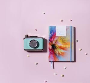 Image of a Journal and a Camera next to each other. Pink background.