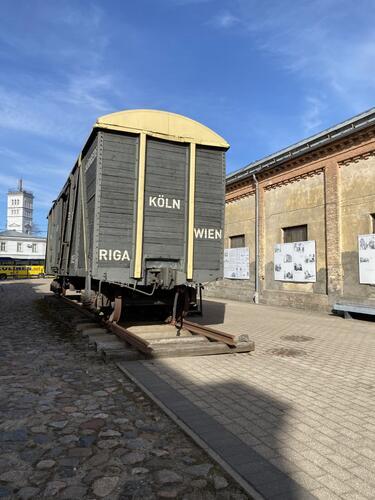 Replica of a train care with names of destinations where Jews were transported from the Rigan ghetto.