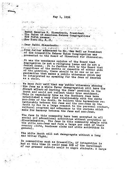 Letter from Hebrew Union Congregation from Rabbi Eisendrath, May 1, 1956, page 1 of 2