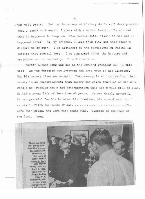 Rabbi James Wax's Sermon on Dr. Martin Luther King Jr., 1968, with Newspaper Clipping, Page 4