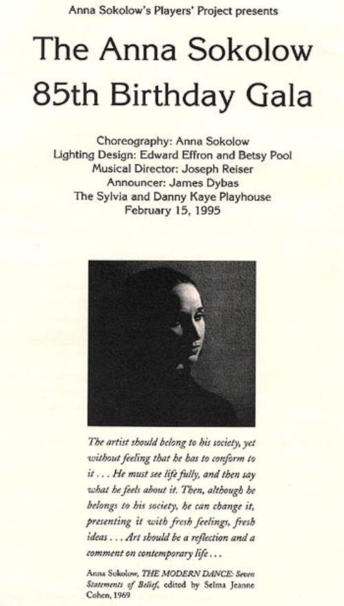 Anna Sokolow's 85th Birthday Gala Program, 1995, Page 1