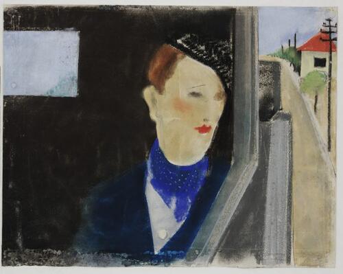 A painting of a woman, wearing a blue coat and scarf and a crooked black hat, looking out the window of a car at a street with a house and greenery.