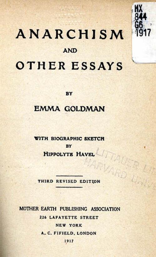 "Anarchism and Other Essays" Cover Page and Table of Contents by Emma Goldman, 1917, Page 1