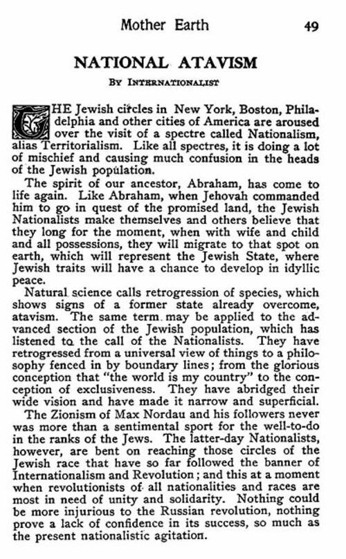Article Critical of Jewish Nationalism From the First Issue of Mother Earth, Page 1