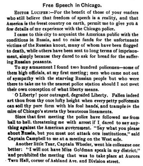 Emma Goldman's Letter to the Editor of "Lucifer the Light-Bearer," November 30, 1902, page 1