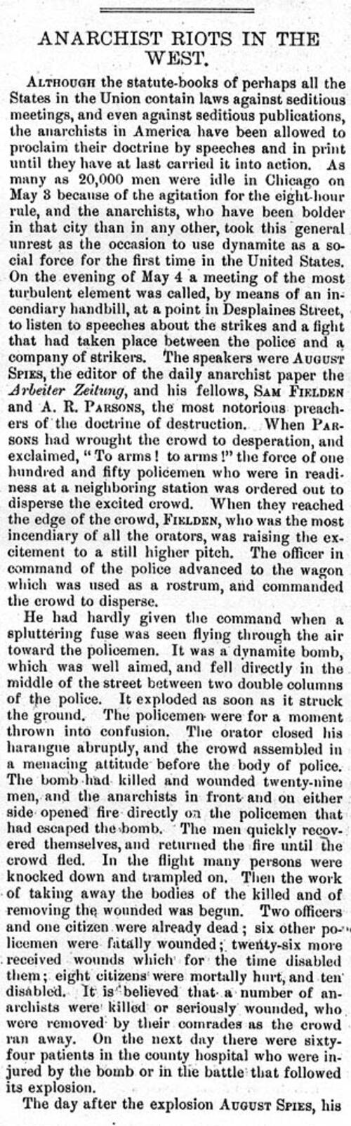 "Anarchist Riots in the West" Article About the Bombing in Chicago's Haymarket Square, Page 1